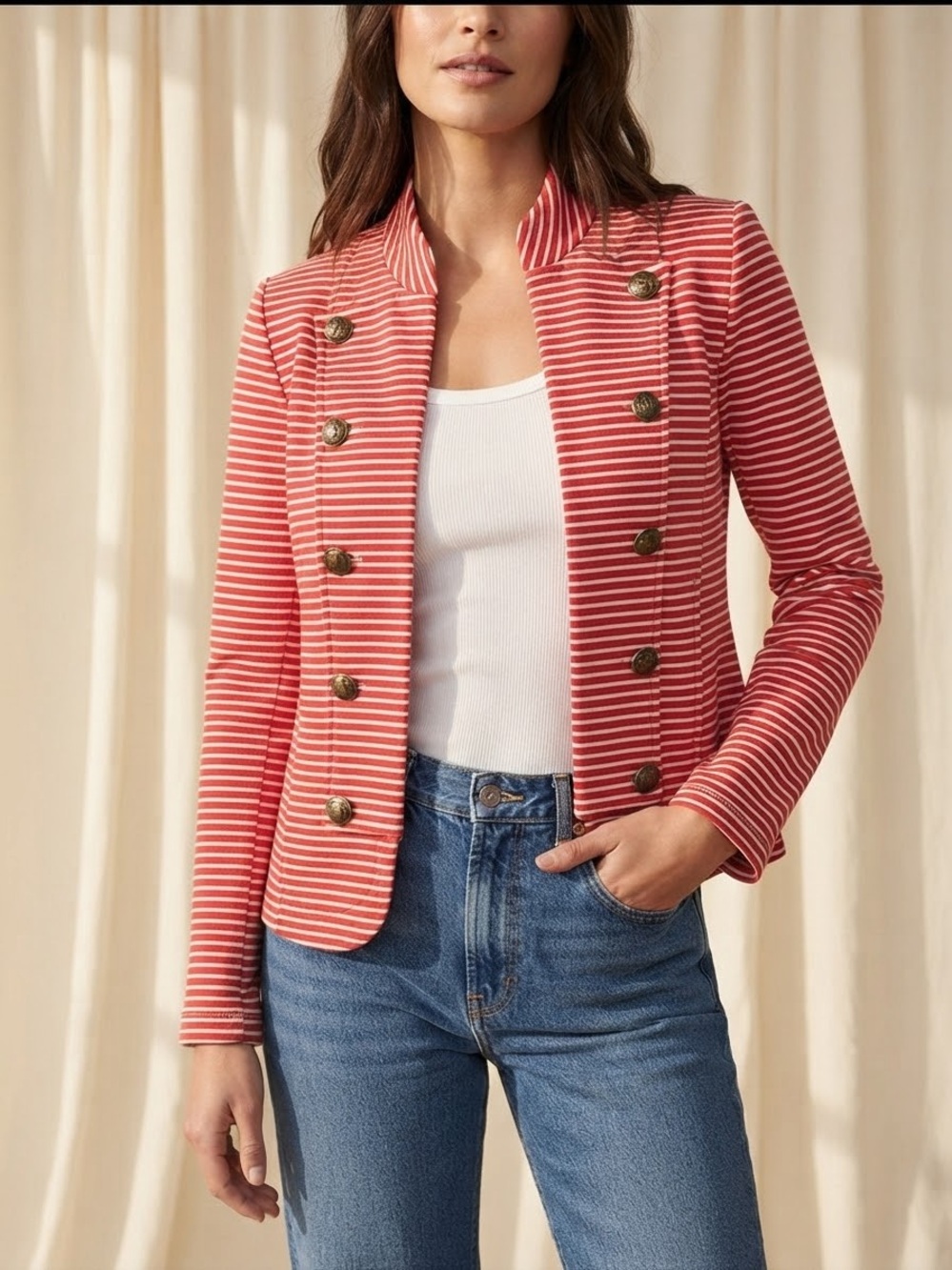 Tommy Hilfiger Red and White Striped Double-Breasted Open Front Military Blazer